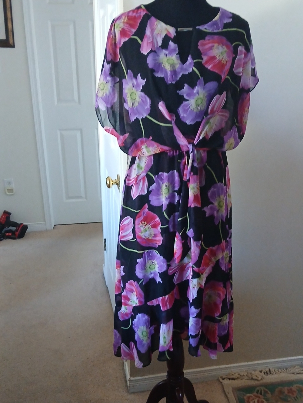 Joseph Ribkoff Black Midi Dress with Pink & Purple Floral Print